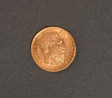 Pièce en or belge de 20 francs frappée en 1869 sous le règne de Léopold II (1865-1909)